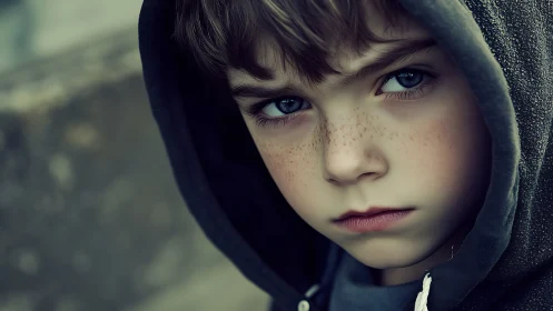 Close portrait of freckled child wearing dark hooded jacket