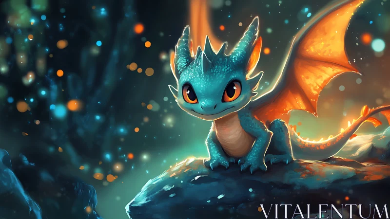 Blue baby dragon on rock in glowing fantasy cavern.