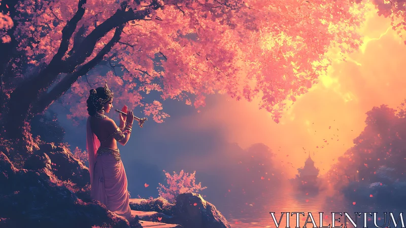 Divine flutist stands in glowing cherry blossom dreamscape
