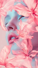 Iridescent portrait merges cyan-lit skin with translucent pink flora