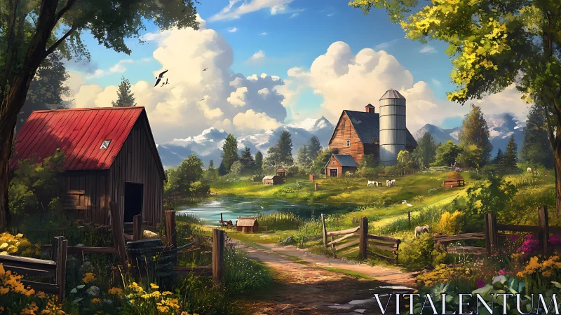 Sunny mountain farm glows with peaceful country warmth