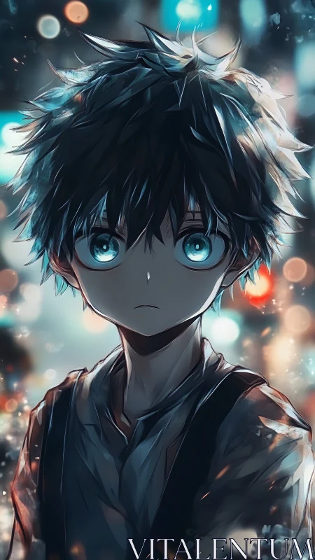Melancholic anime boy stands amid glowing urban bokeh lights