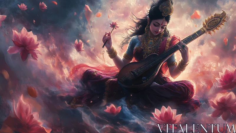 Divine musician in lotus clouds radiates serene celestial light