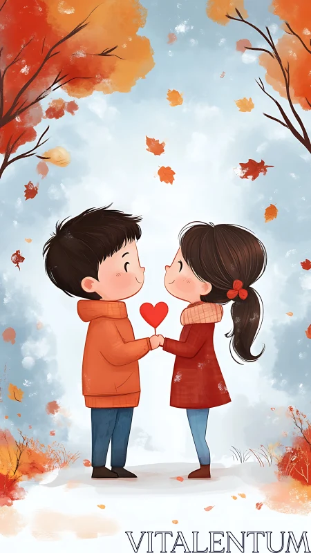Two children exchanging red heart while standing beneath autumn trees