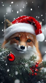 Cozy Christmas fox in snowfall with bright red bauble.