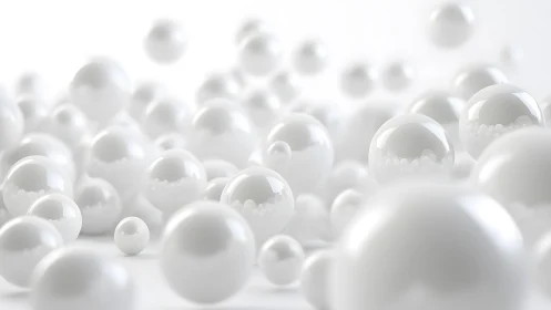 High-key depth-of-field render of glossy white spheres in motion