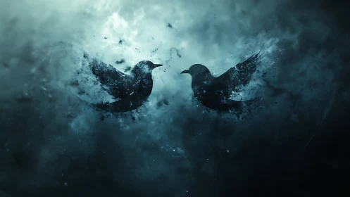 Twin raven silhouettes emerge within turbulent blue mist