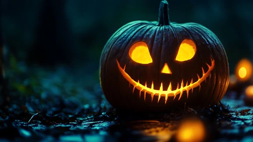 Glowing jack o lantern grins on wet forest floor at night.