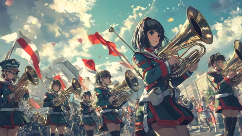 Parade marching band performs brass ensemble under dynamic daylight sky