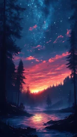 Spectral riverine forest under nebular dusk gradient sky.