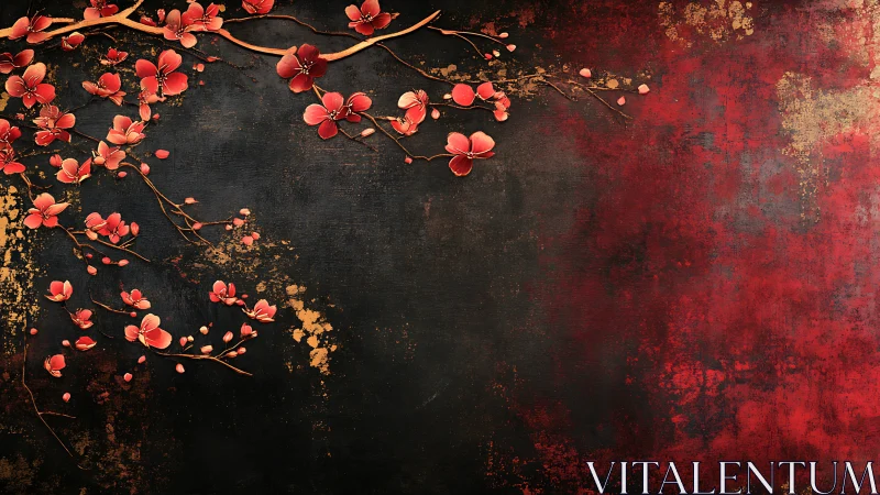 Crimson blossoms drifting across a charcoal twilight wall.