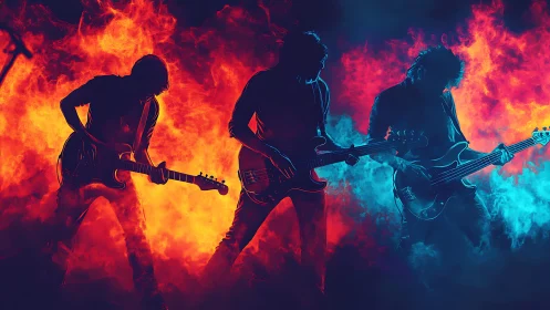 Rock band silhouettes perform amid intense red and blue flames