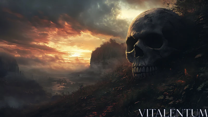 Sunset light pours over a silent valley of a giant skull