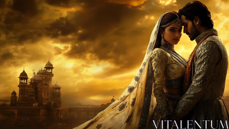 Royal couple embrace at sunset before an ancient palace