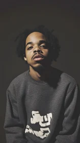 Low-key portrait lighting with centered frontal composition.