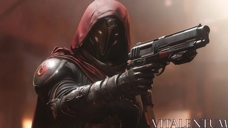 Armored sci fi gunslinger in red hood aiming heavy pistol