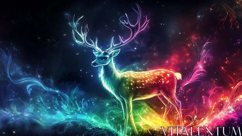 Glowing multicolor deer stands in swirling neon light field