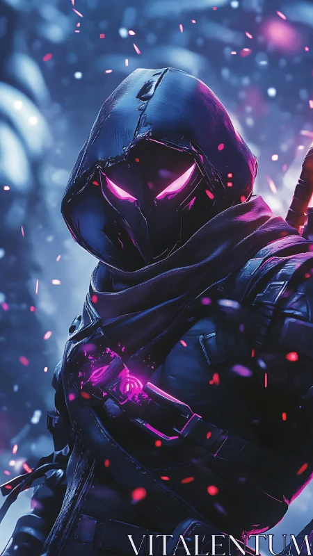 Hooded cyber assassin with glowing purple eyes stands ready.