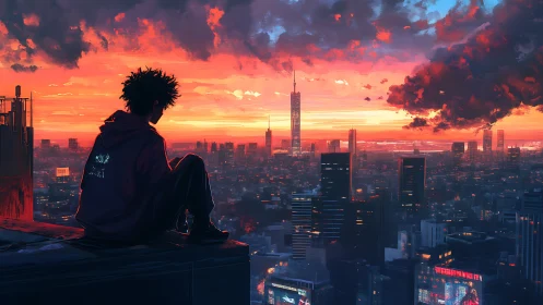 Solitary rooftop figure watching neon city sunset skyline.
