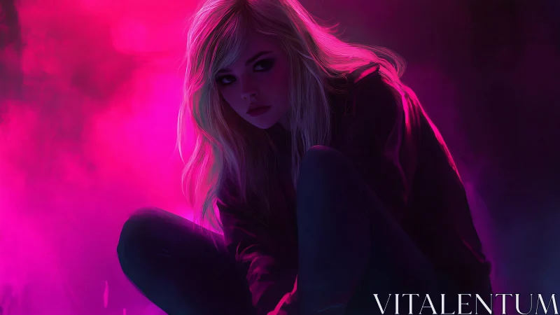 Neon alley daydreamer curled in electric magenta gloom.