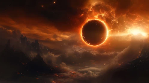 Fiery eclipse above apocalyptic volcanic cloudscape.