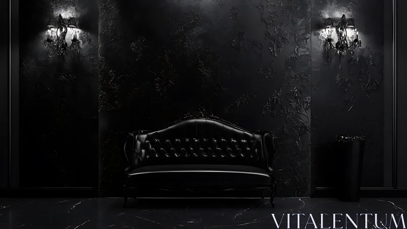 Baroque black leather settee anchors a high-contrast noir interior