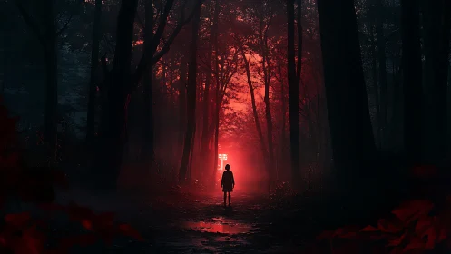 Silhouetted figure stands on forest path before red backlight