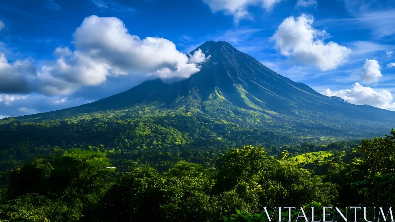 Lush volcanic peak under dynamic cumulus cloud canopy.