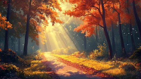 Sunlit Forest Path Through Golden Autumn