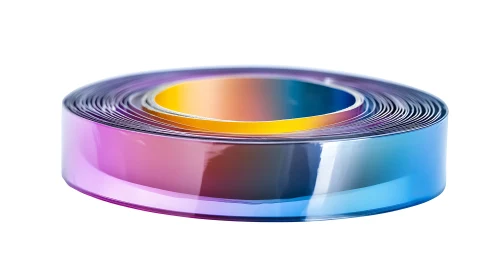 Iridescent plastic tape roll on white background surface.