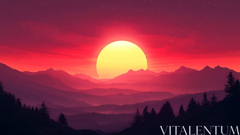 Crimson horizon cradling a colossal honeyed sunset orb.