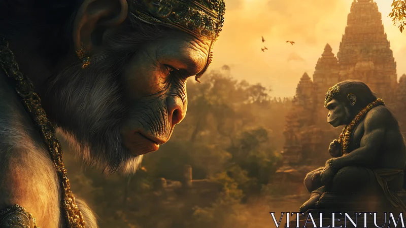 Regal simian figures in reflective temple landscape scene.