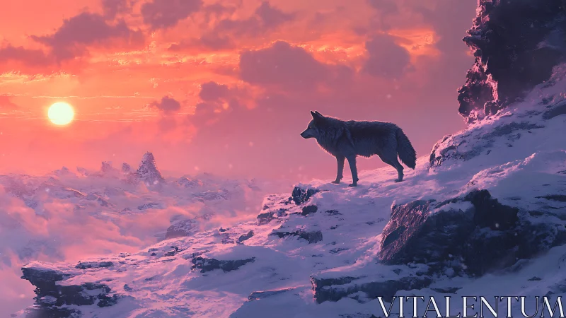 Lone wolf overlooks glowing sunset above frozen mountain ridge.