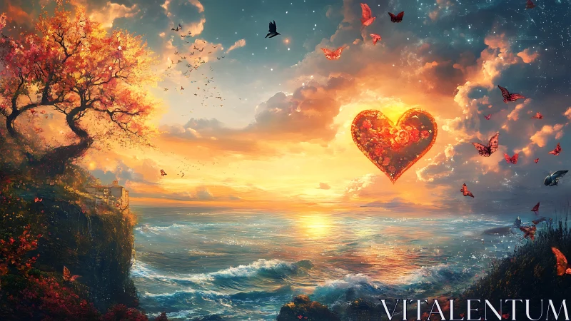 Flaming Heart Above Turbulent Ocean at Sunset Horizon