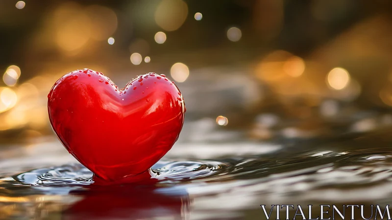 Red heart form positioned on water surface with bokeh background
