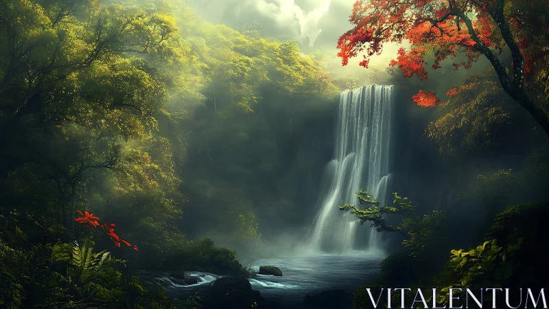 Mist-draped forest waterfall under ember-tipped autumn canopy.