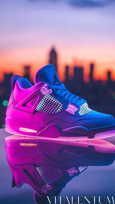 Neon gradient sneaker glows against blurred city sunset skyline