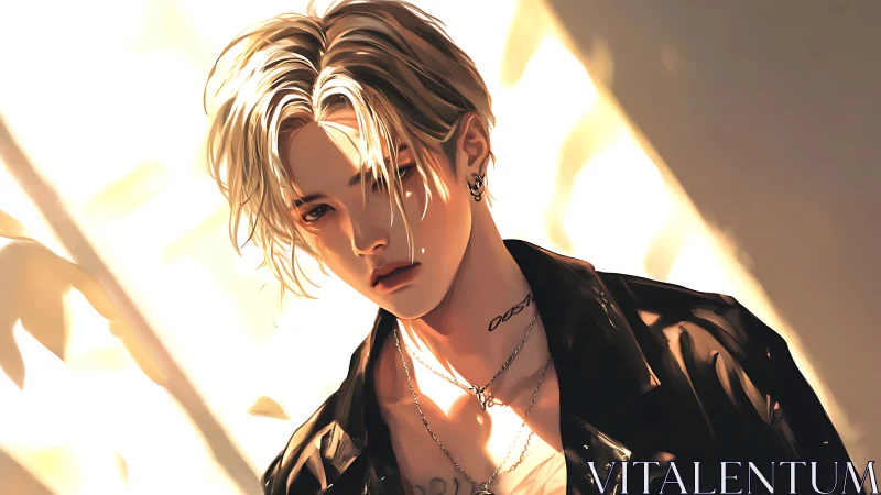 Sunlit rebel draped in chains and honeyed shadows.