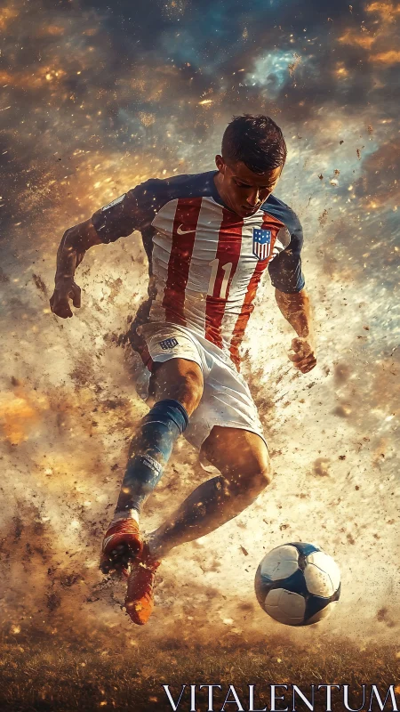 Explosive dynamic kick of soccer midfielder amid fiery debris