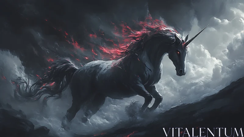 Stormlit shadow unicorn gallops through swirling crimson flame
