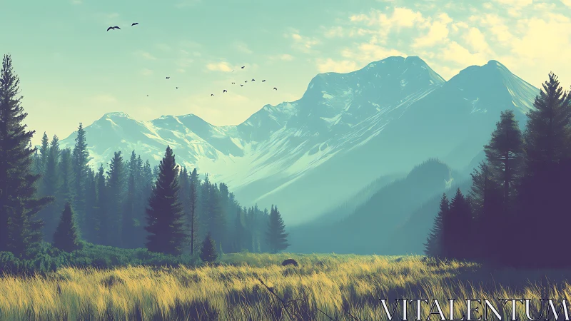 Sunlit alpine valley opens beneath towering misty peaks