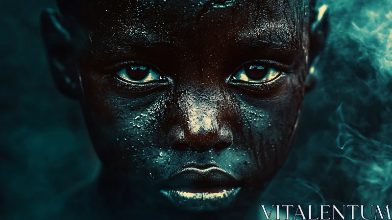 Intense close-up portrait of child with wet textured face.