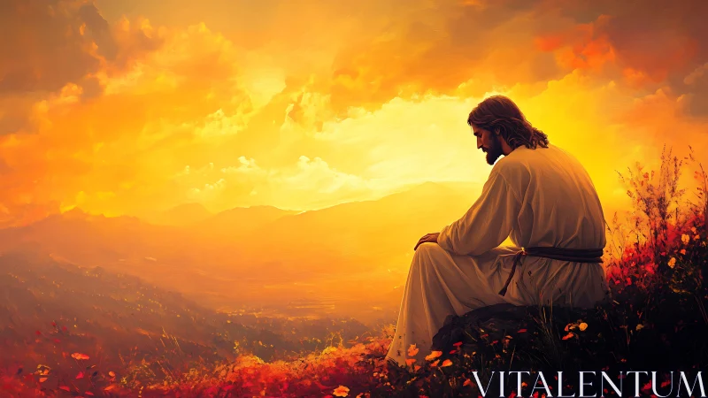 Digital painting of contemplative robed figure at sunset plateau.