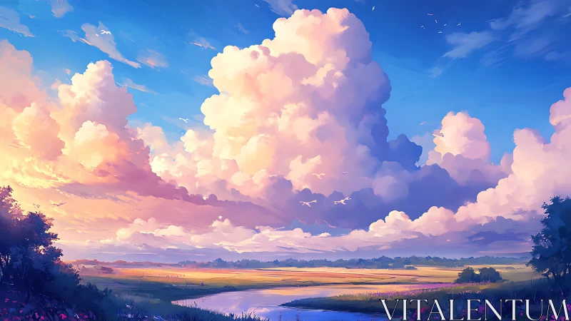 Digital painting of luminous cloudscape over pastoral river plain.