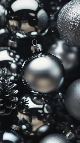 Shimmering silver ornaments glow in a soft festive cluster