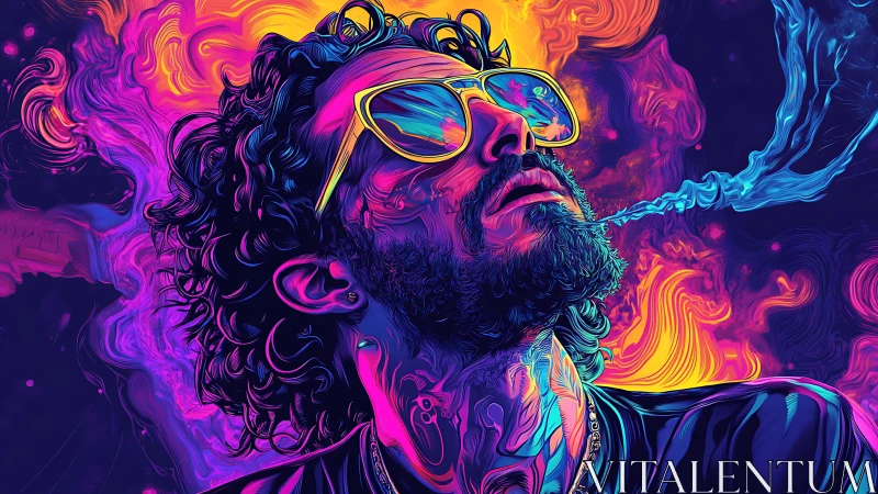 Man in neon colors exhales smoke in stylized portrait