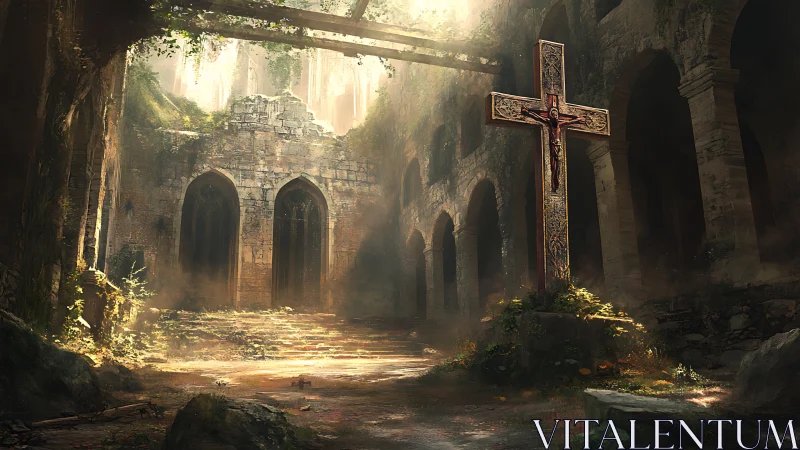 Sunlit crucifix in overgrown gothic stone cloister ruins.