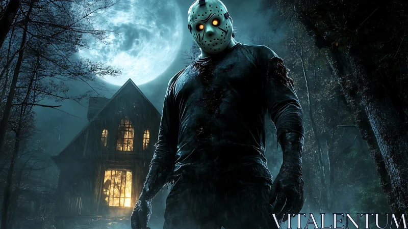 Masked slasher stalks a moonlit forest cabin in eerie silence