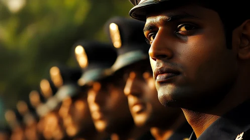 Police officers stand in golden-hour line, resolve intense.