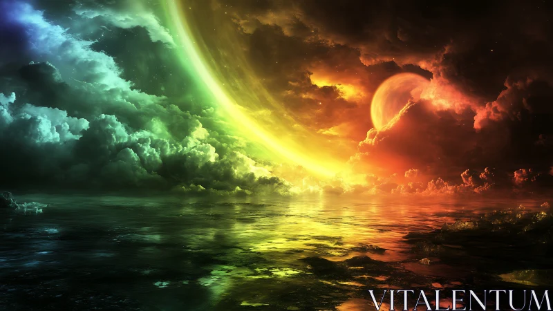 Spectral nebula sky arcs over reflective alien ocean horizon